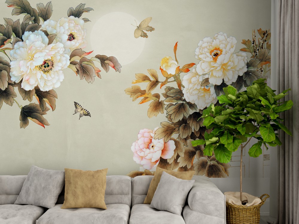  Krem Zeminli El Çizimi Görünümlü Çiçek ve Kelebek Temalı Duvar Kağıdı