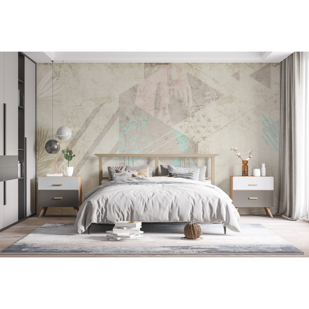 Ham Sıva Dokulu, Turkuaz Detaylı ve Soyut Yaprak Desenli Duvar Kağıdı