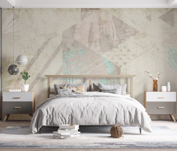 Ham Sıva Dokulu, Turkuaz Detaylı ve Soyut Yaprak Desenli Duvar Kağıdı