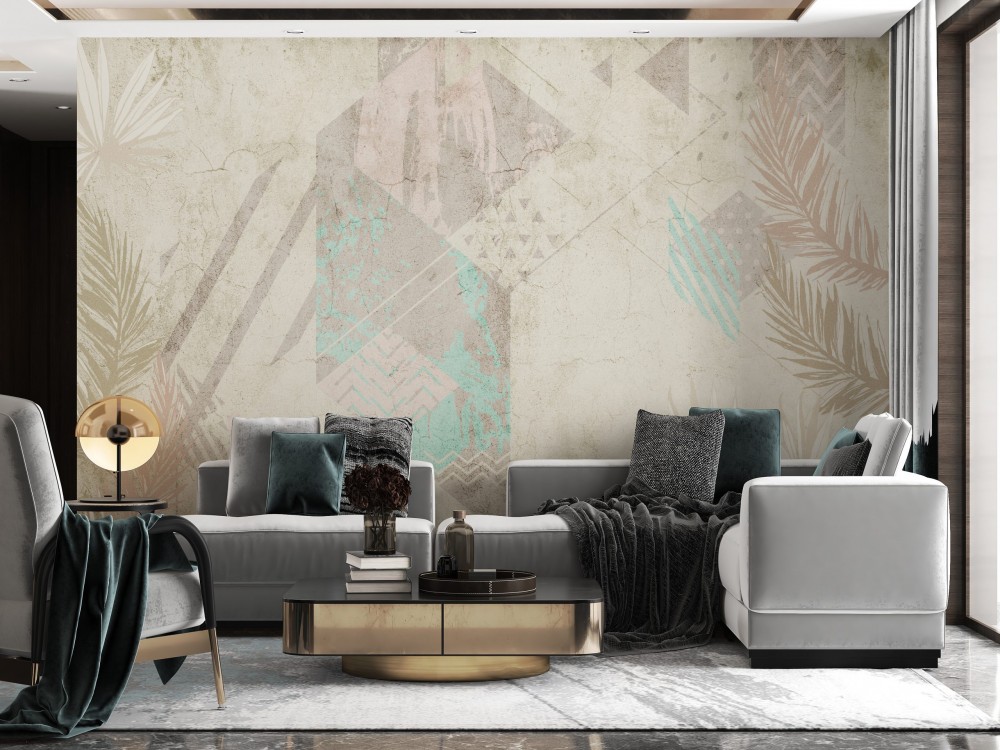 Ham Sıva Dokulu, Turkuaz Detaylı ve Soyut Yaprak Desenli Duvar Kağıdı