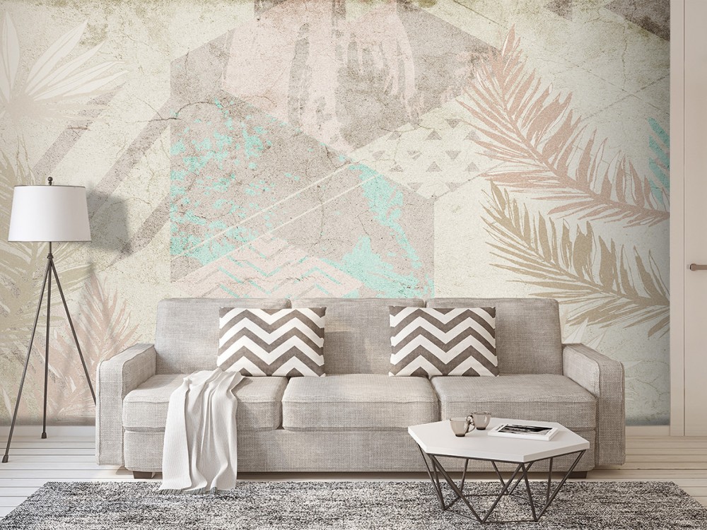 Ham Sıva Dokulu, Turkuaz Detaylı ve Soyut Yaprak Desenli Duvar Kağıdı