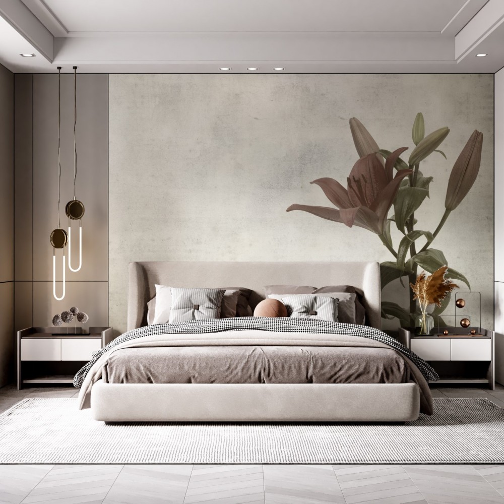 Ham Sıva Dokulu ve Tekil Çiçek İllüstrasyonlu Sanatsal Duvar Kağıdı