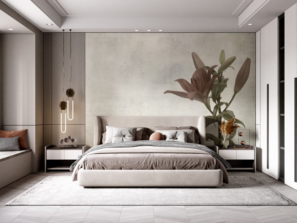 Ham Sıva Dokulu ve Tekil Çiçek İllüstrasyonlu Sanatsal Duvar Kağıdı