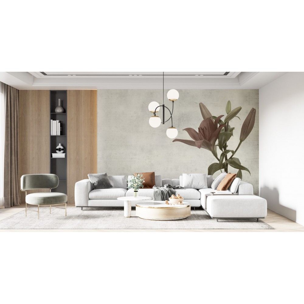 Ham Sıva Dokulu ve Tekil Çiçek İllüstrasyonlu Sanatsal Duvar Kağıdı