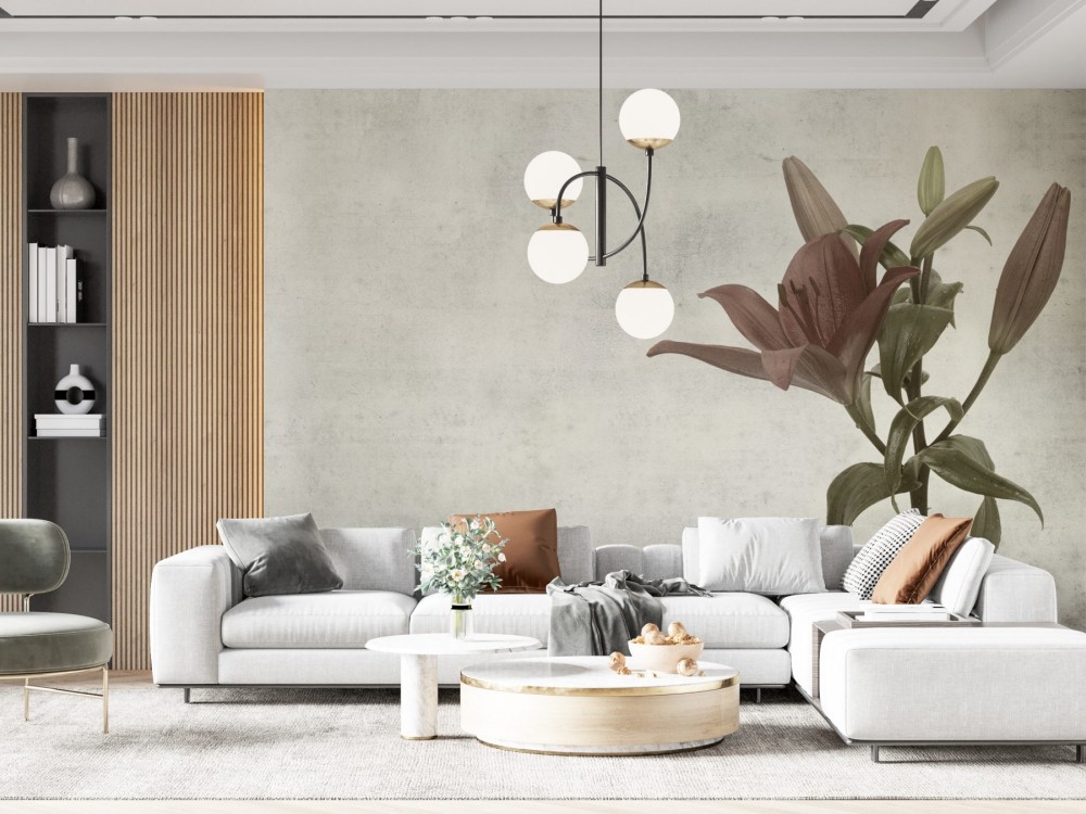 Ham Sıva Dokulu ve Tekil Çiçek İllüstrasyonlu Sanatsal Duvar Kağıdı