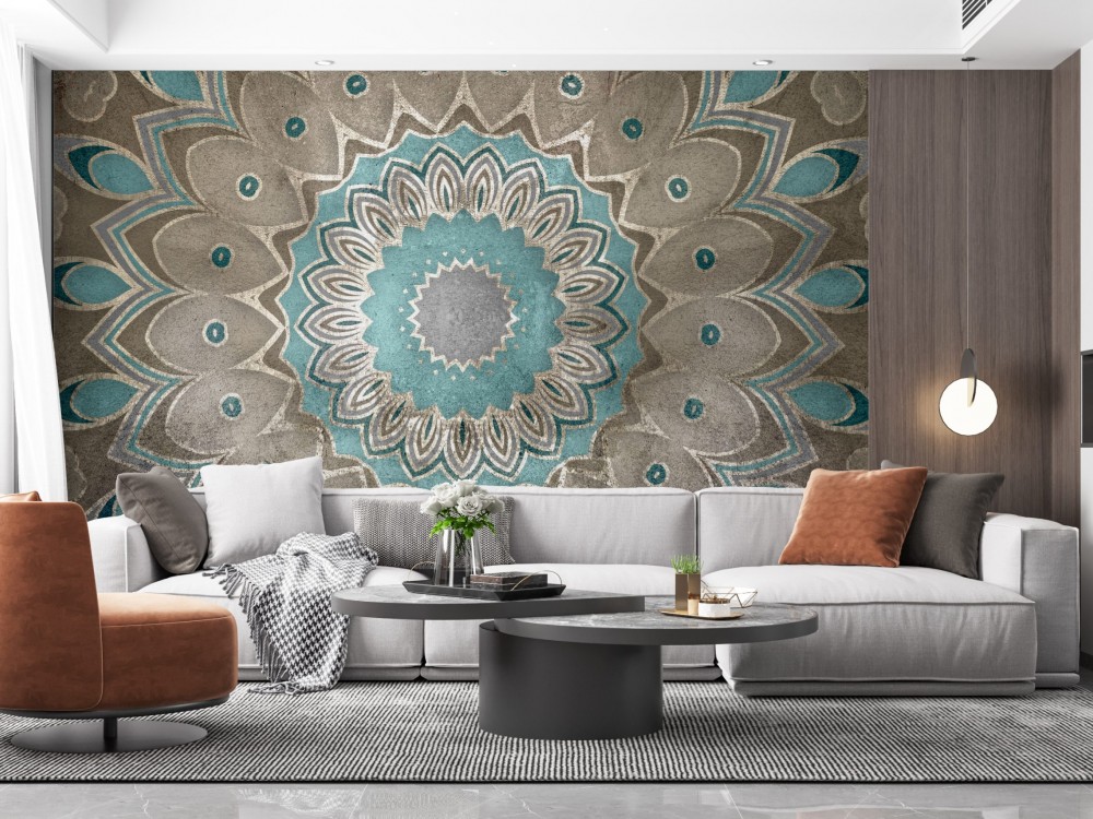 3D Taş Dokulu Turkuaz ve Vizon Mandala Desenli Duvar Kağıdı
