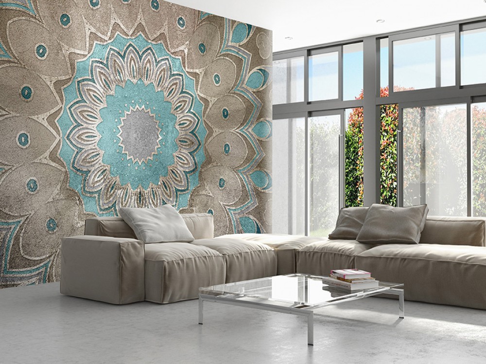 3D Taş Dokulu Turkuaz ve Vizon Mandala Desenli Duvar Kağıdı