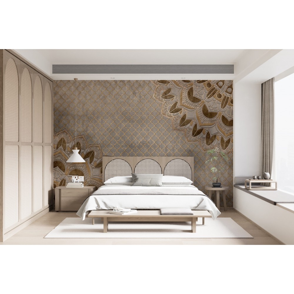 Bronz Mandala Motifli Eskitme Taş Dokulu Duvar Kağıdı