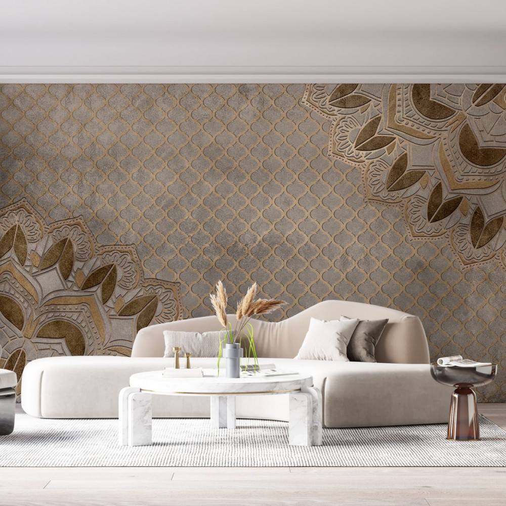 Bronz Mandala Motifli Eskitme Taş Dokulu Duvar Kağıdı