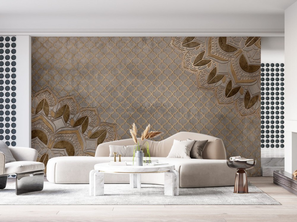 Bronz Mandala Motifli Eskitme Taş Dokulu Duvar Kağıdı