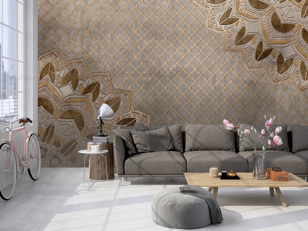 Bronz Mandala Motifli Eskitme Taş Dokulu Duvar Kağıdı