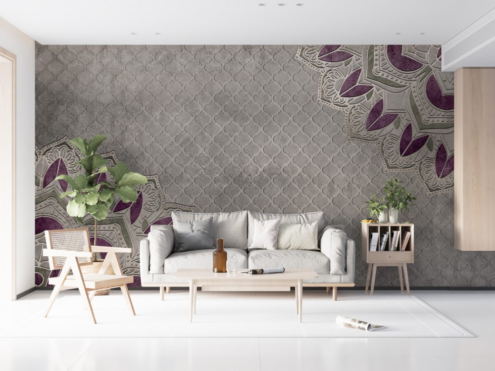 Bohem Stil Vişne Çürüğü Mandala Desenli ve Antrasit Eskitme Taş Dokulu Duvar Kağıdı