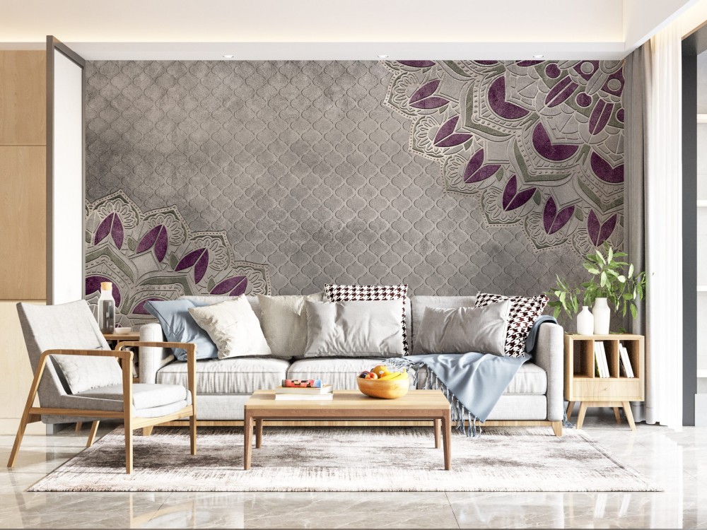 Bohem Stil Vişne Çürüğü Mandala Desenli ve Antrasit Eskitme Taş Dokulu Duvar Kağıdı