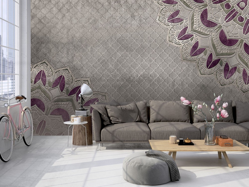 Bohem Stil Vişne Çürüğü Mandala Desenli ve Antrasit Eskitme Taş Dokulu Duvar Kağıdı