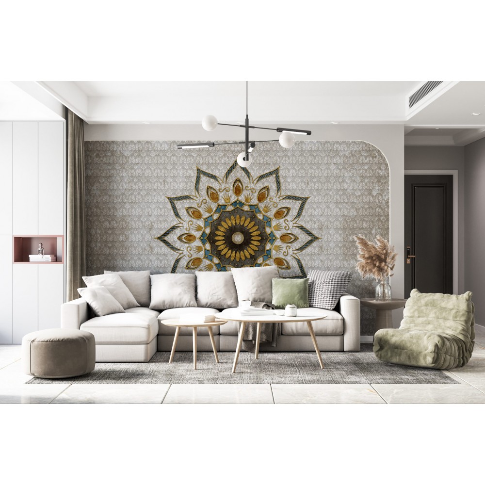 Modern Etnik Mandala ve Gold Detaylı Geometrik Duvar Kağıdı