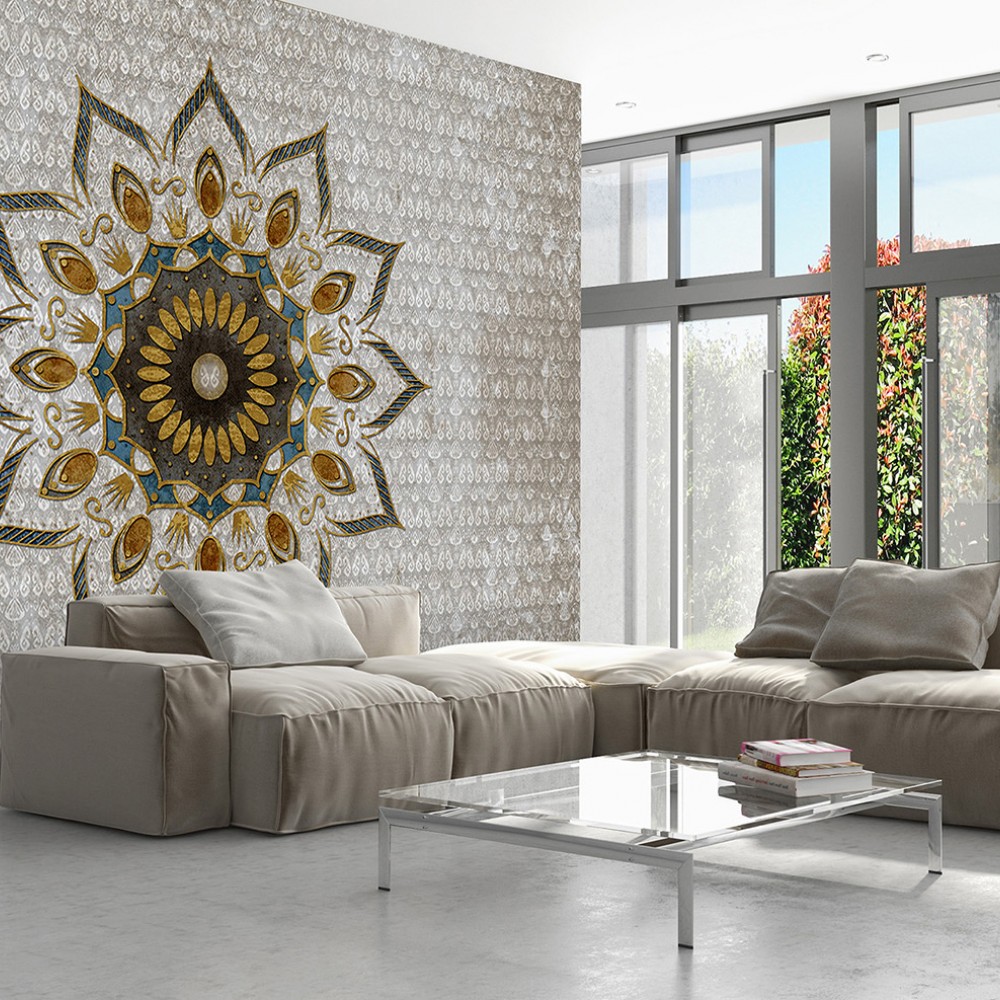 Modern Etnik Mandala ve Gold Detaylı Geometrik Duvar Kağıdı