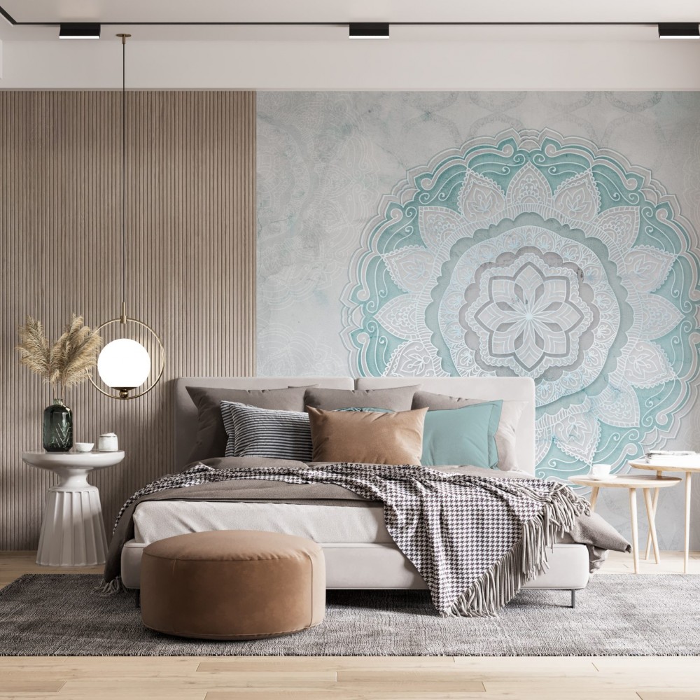 Turkuaz Mandala Motifli ve Soft Mermer Dokulu Derinlik Etkili Duvar Kağıdı