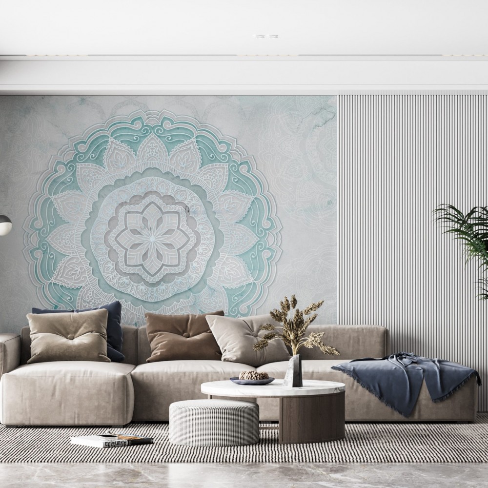 Turkuaz Mandala Motifli ve Soft Mermer Dokulu Derinlik Etkili Duvar Kağıdı