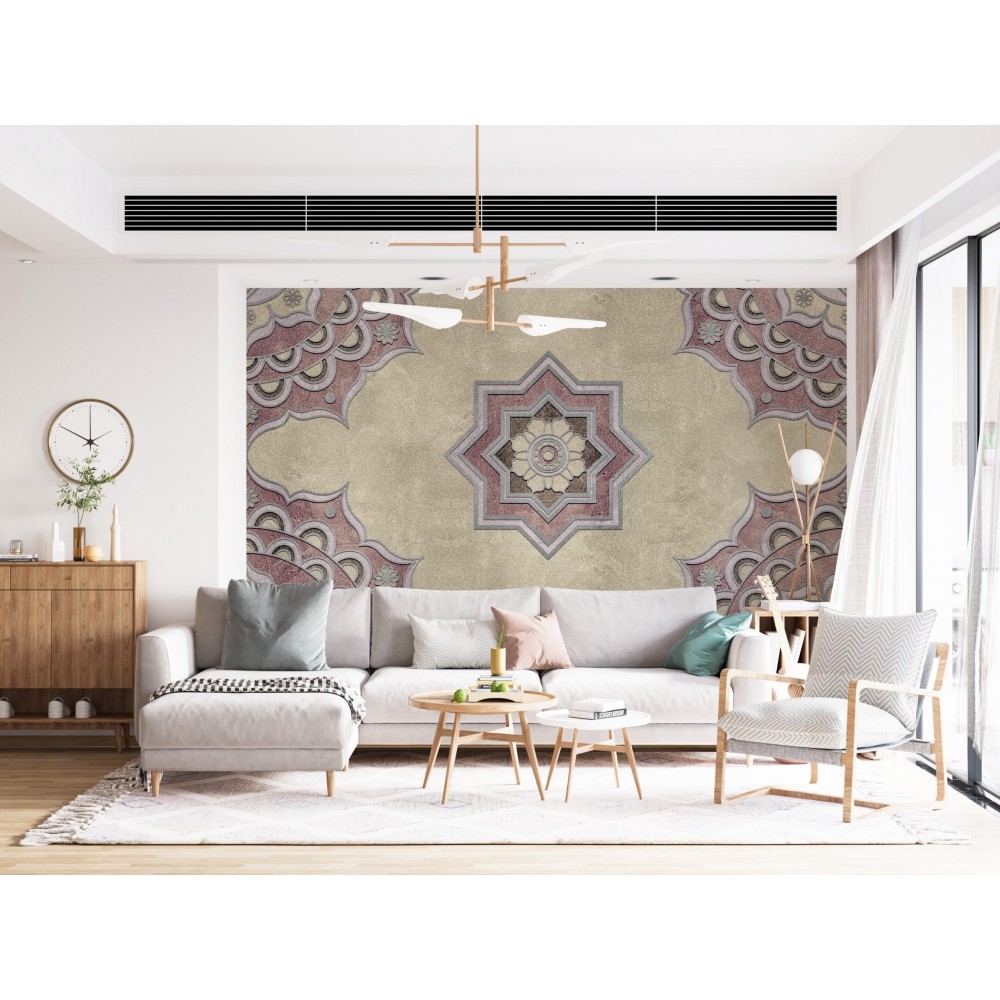 Modern Taş Dokulu Klasik Yıldız Formlu Mandala ve Rölyef Desenli Duvar Kağıdı