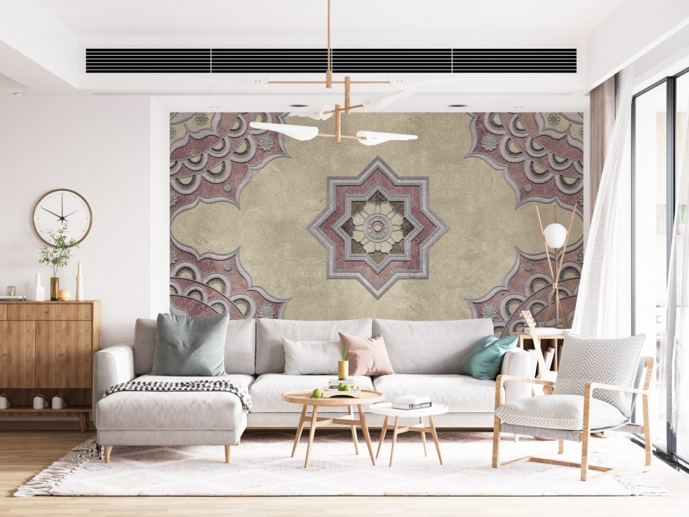 Modern Taş Dokulu Klasik Yıldız Formlu Mandala ve Rölyef Desenli Duvar Kağıdı