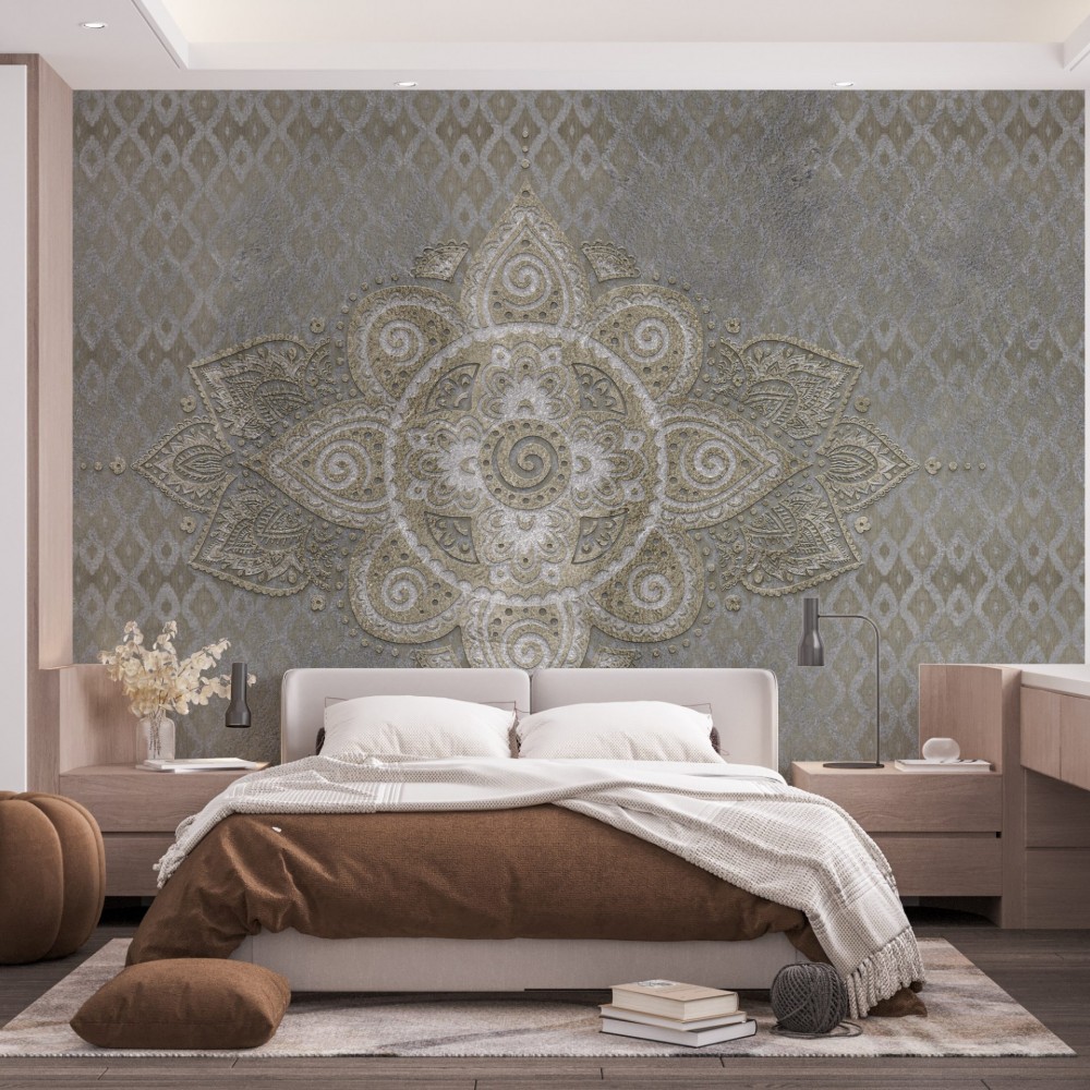 Eskitme Taş Görünümlü ve Dev Mandala Motifli Sanatsal Duvar Kağıdı