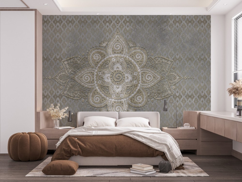 Eskitme Taş Görünümlü ve Dev Mandala Motifli Sanatsal Duvar Kağıdı