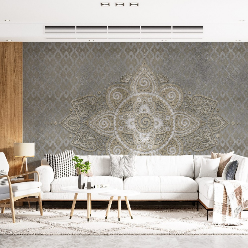 Eskitme Taş Görünümlü ve Dev Mandala Motifli Sanatsal Duvar Kağıdı