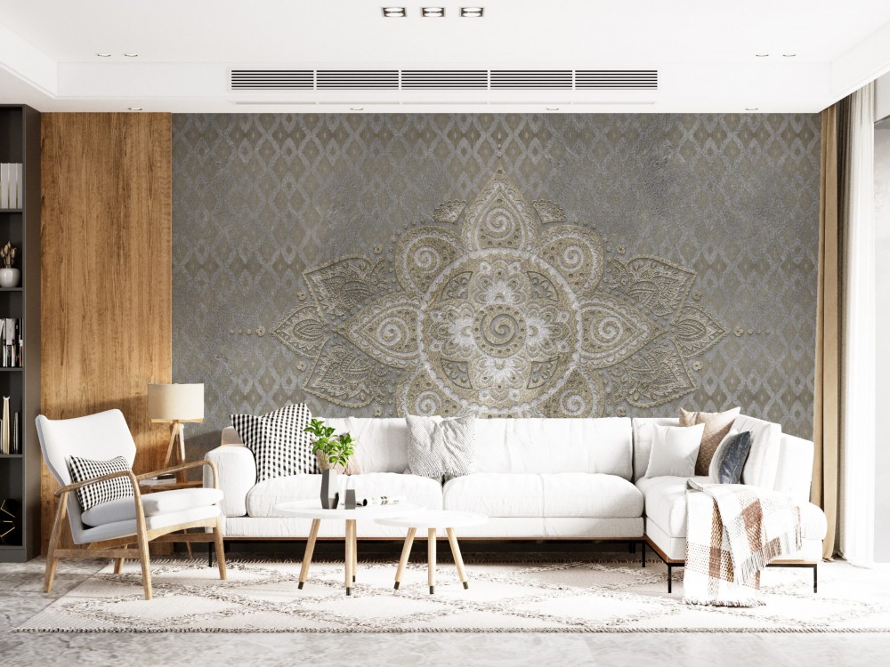 Eskitme Taş Görünümlü ve Dev Mandala Motifli Sanatsal Duvar Kağıdı