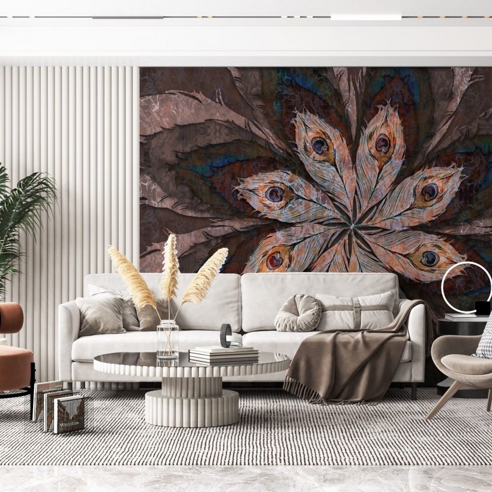 Dev Tavus Kuşu Tüyü Desenli ve Mermer Dokulu Soyut Duvar Kağıdı