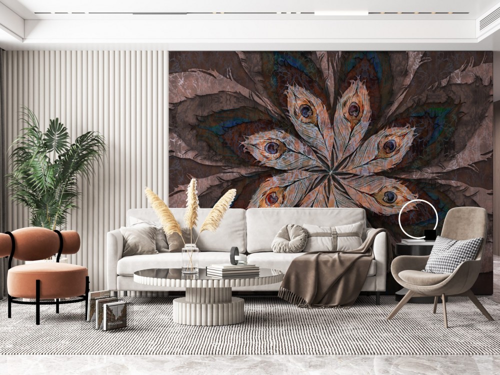 Dev Tavus Kuşu Tüyü Desenli ve Mermer Dokulu Soyut Duvar Kağıdı