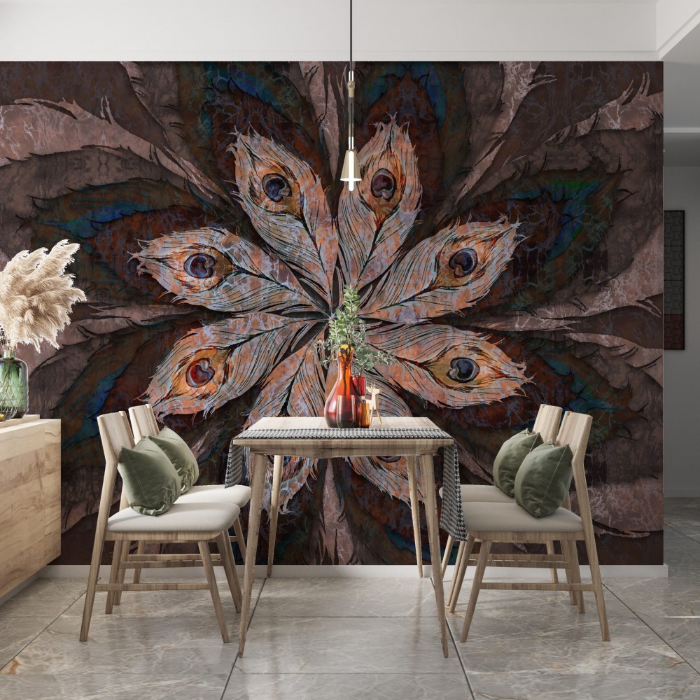 Dev Tavus Kuşu Tüyü Desenli ve Mermer Dokulu Soyut Duvar Kağıdı