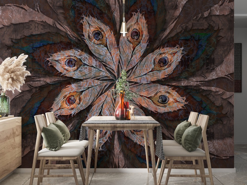 Dev Tavus Kuşu Tüyü Desenli ve Mermer Dokulu Soyut Duvar Kağıdı