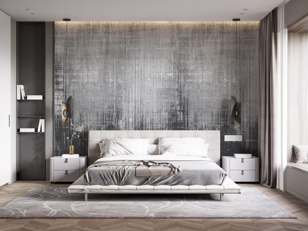 Antrasit ve Gri Fırça Darbeli Beton Dokulu Duvar Kağıdı 