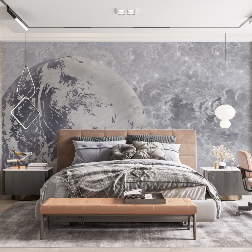 Gri Tonlu Dünya Figürlü ve Kozmik Bulutsu Duvar Kağıdı