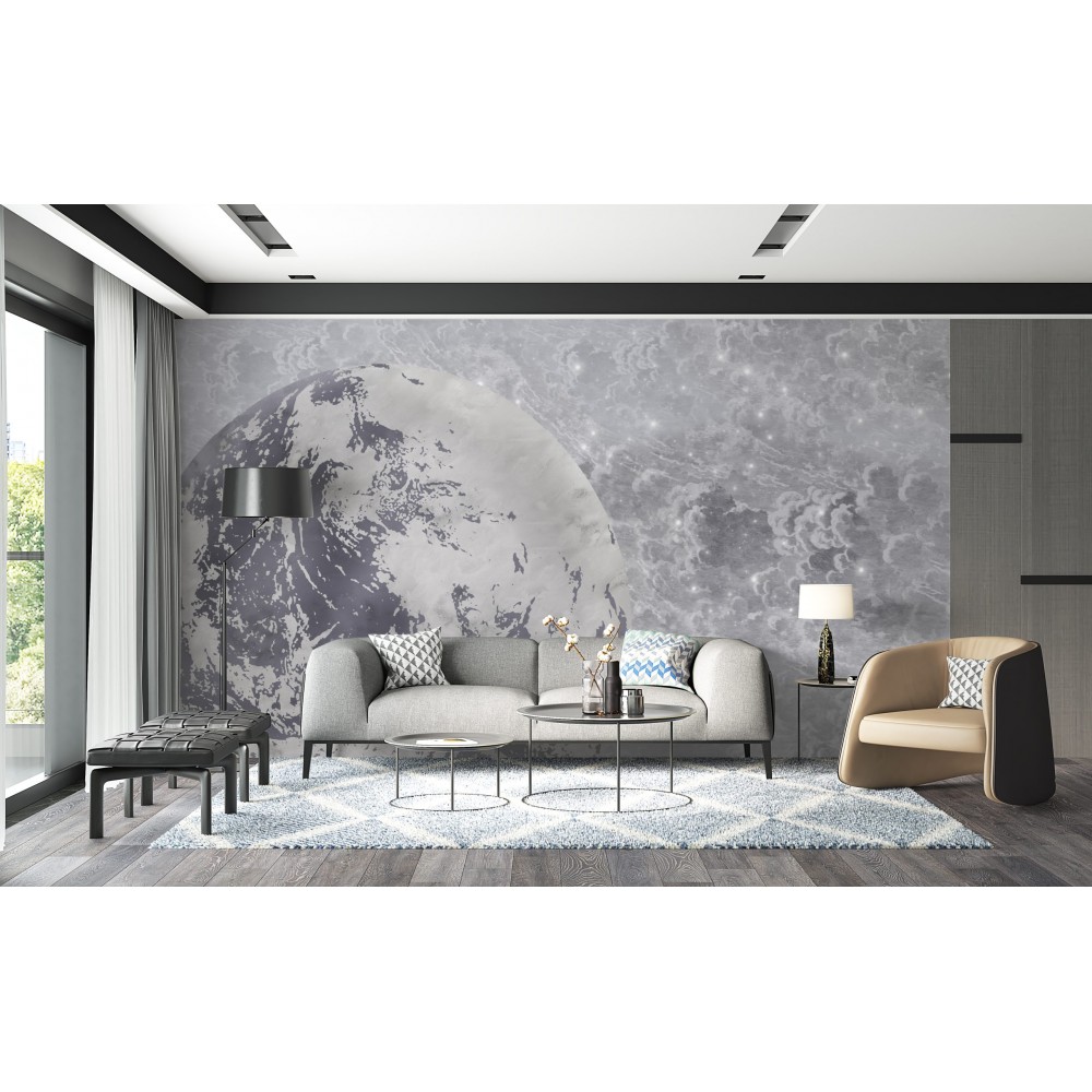 Gri Tonlu Dünya Figürlü ve Kozmik Bulutsu Duvar Kağıdı