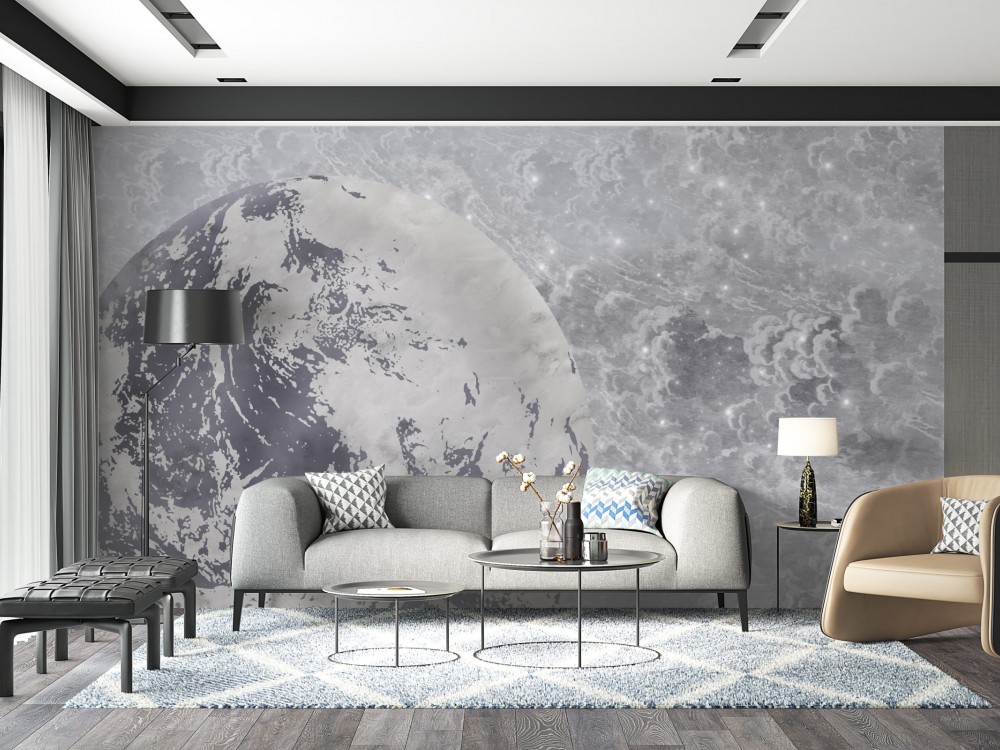Gri Tonlu Dünya Figürlü ve Kozmik Bulutsu Duvar Kağıdı