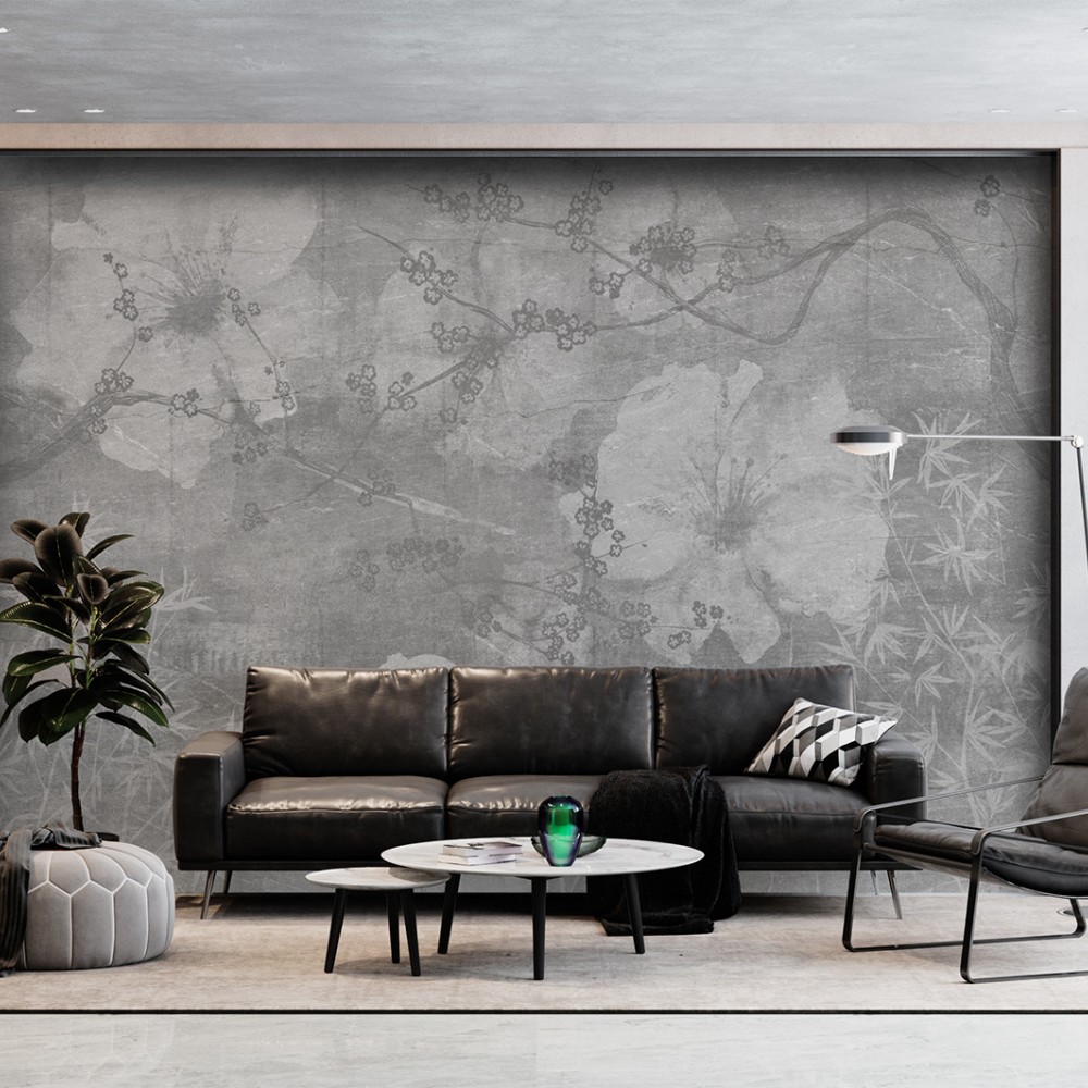 Füme Beton Dokulu Dev Çiçek ve Bambu Desenli Duvar Kağıdı