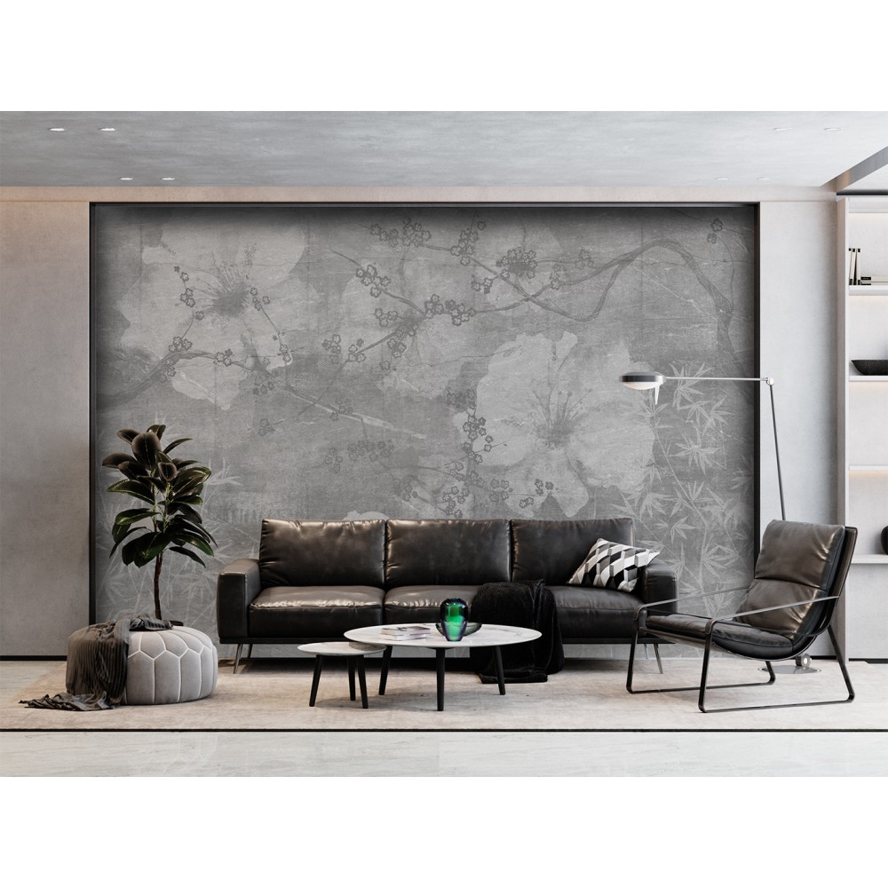 Füme Beton Dokulu Dev Çiçek ve Bambu Desenli Duvar Kağıdı