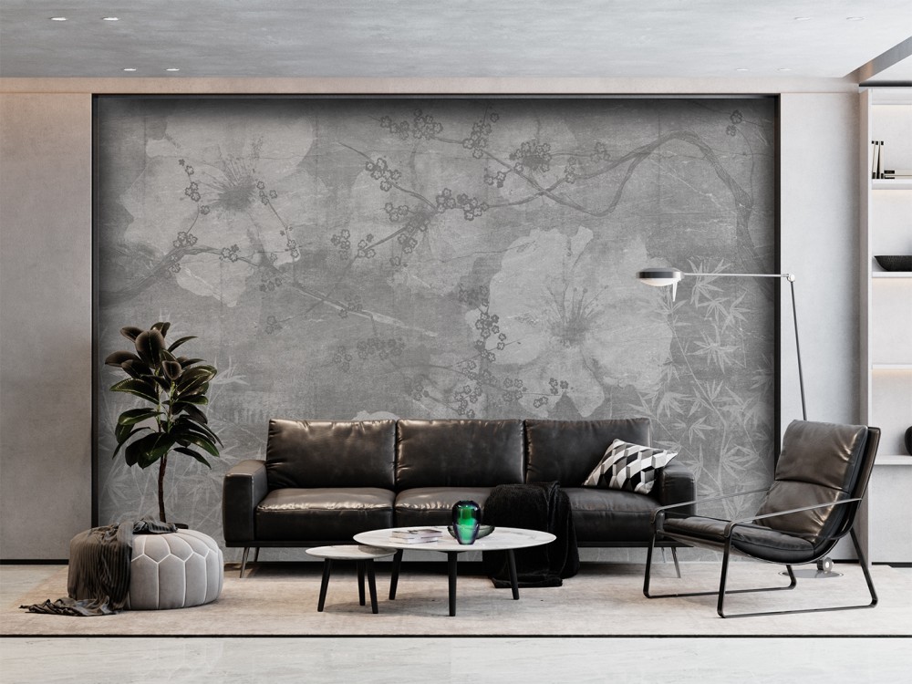 Füme Beton Dokulu Dev Çiçek ve Bambu Desenli Duvar Kağıdı