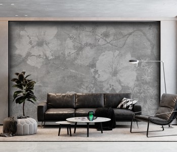 Füme Beton Dokulu Dev Çiçek ve Bambu Desenli Duvar Kağıdı