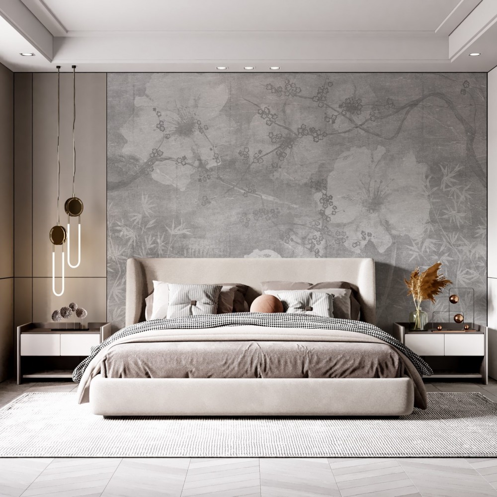 Füme Beton Dokulu Dev Çiçek ve Bambu Desenli Duvar Kağıdı