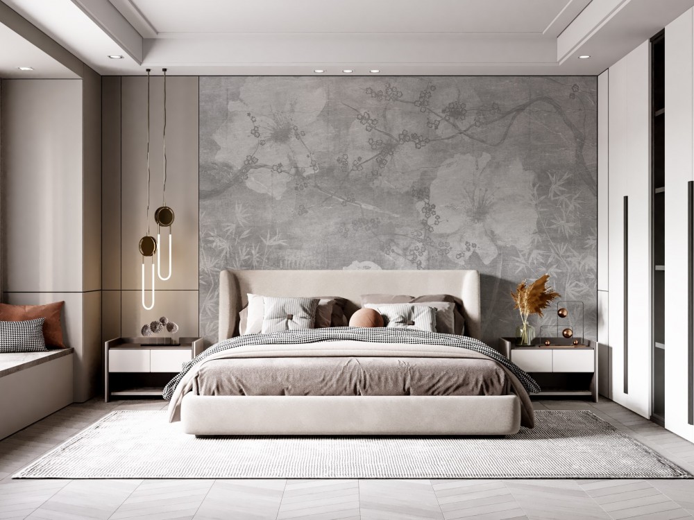 Füme Beton Dokulu Dev Çiçek ve Bambu Desenli Duvar Kağıdı