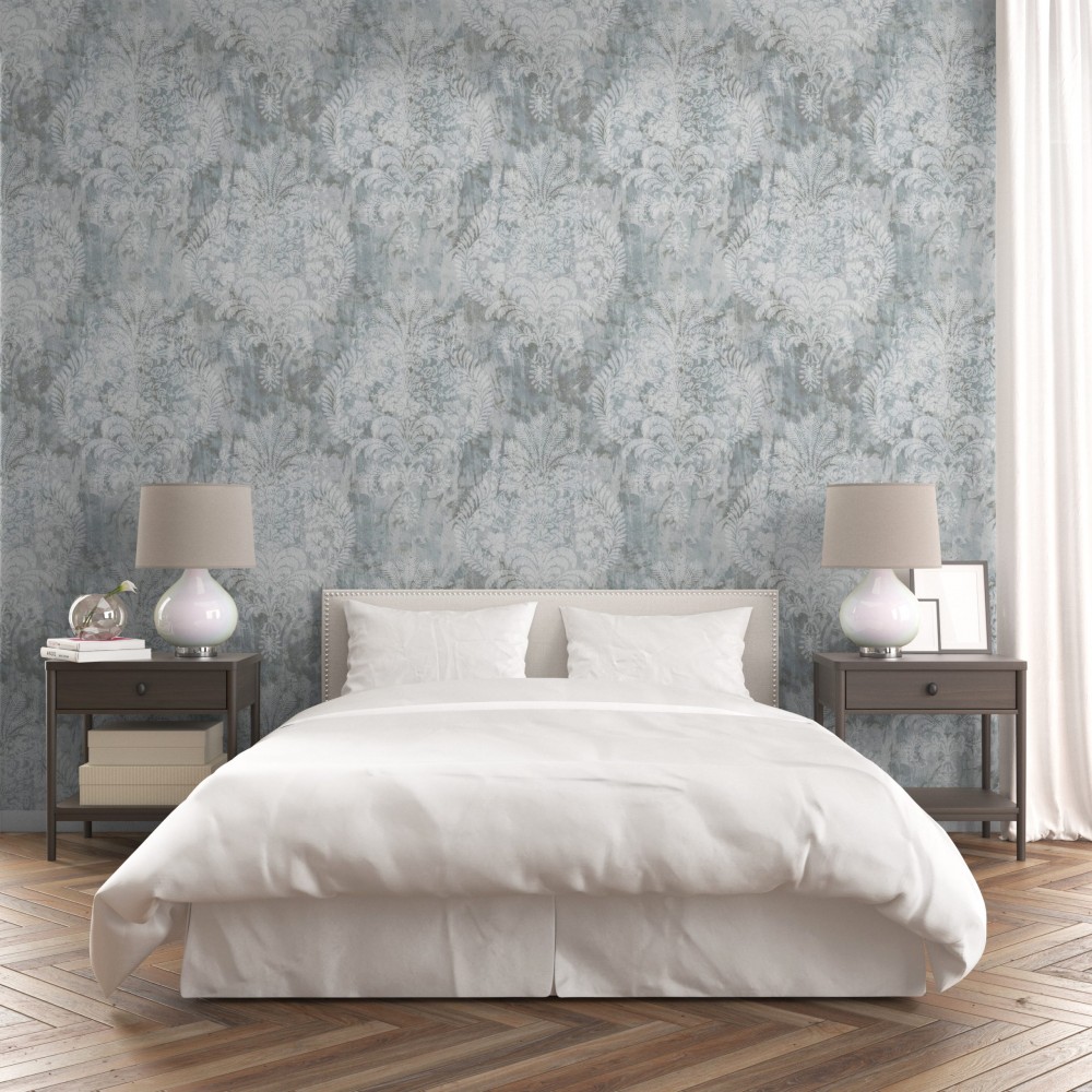 Buz Mavisi Eskitme Dokulu ve Büyük Barok Motifli Duvar Kağıdı