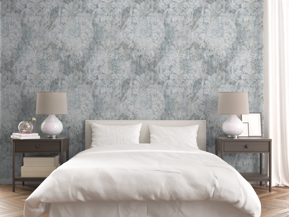 Buz Mavisi Eskitme Dokulu ve Büyük Barok Motifli Duvar Kağıdı