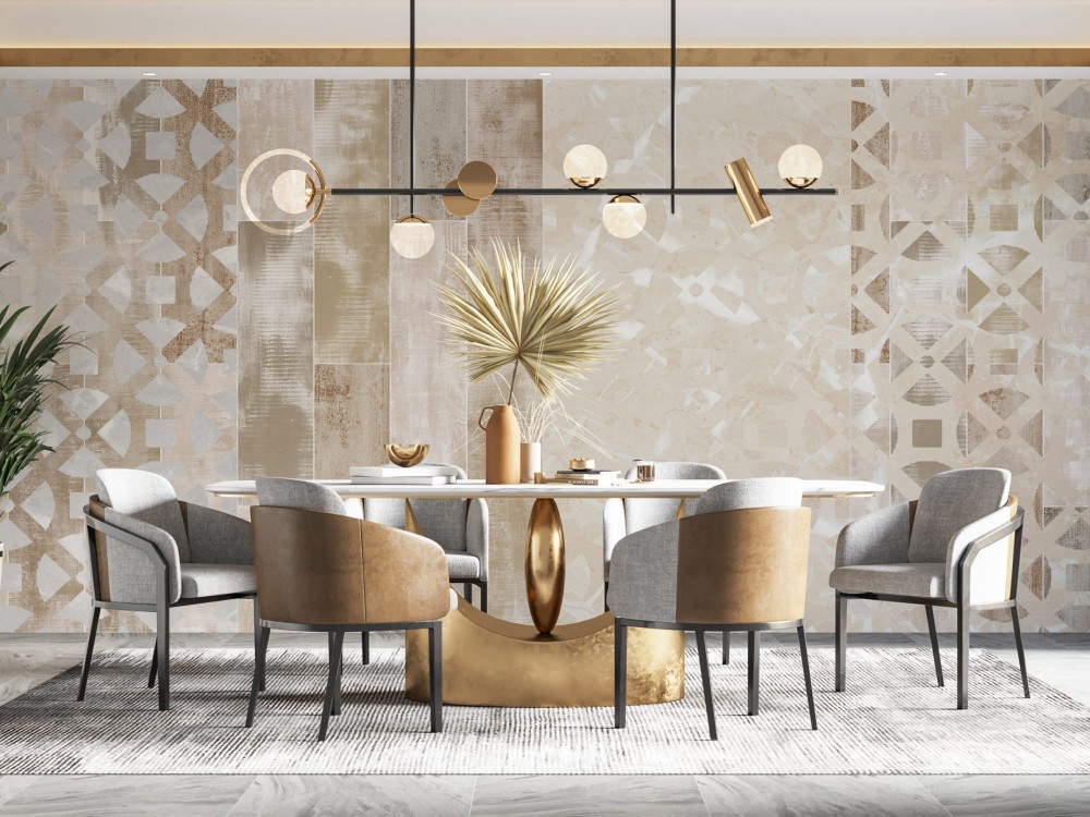 Mermer Geçişli ve Eskitme Panel Görünümlü Duvar Kağıdı