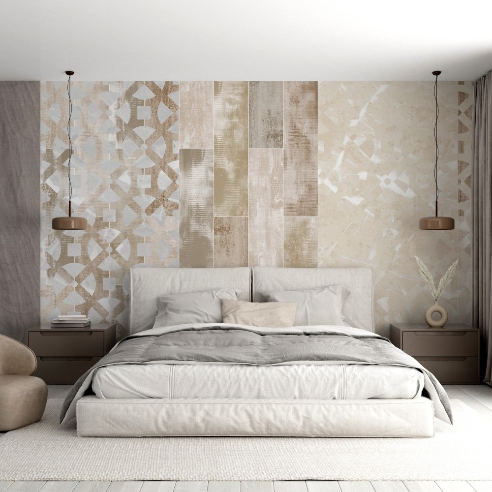 Mermer Geçişli ve Eskitme Panel Görünümlü Duvar Kağıdı