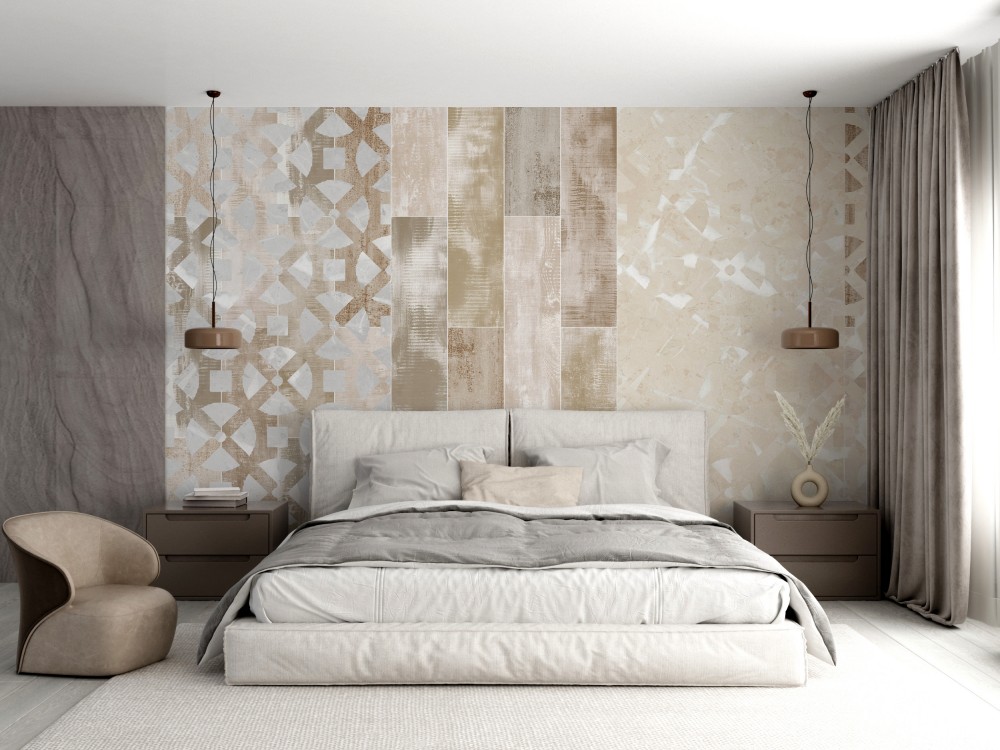 Mermer Geçişli ve Eskitme Panel Görünümlü Duvar Kağıdı