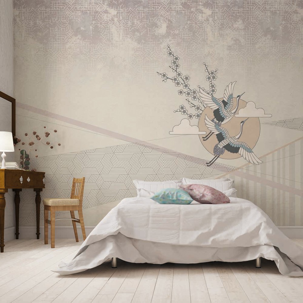 Japon Tarzı Turna Kuşları ve Geometrik Dağ Formlu Sanatsal Duvar Kağıdı
