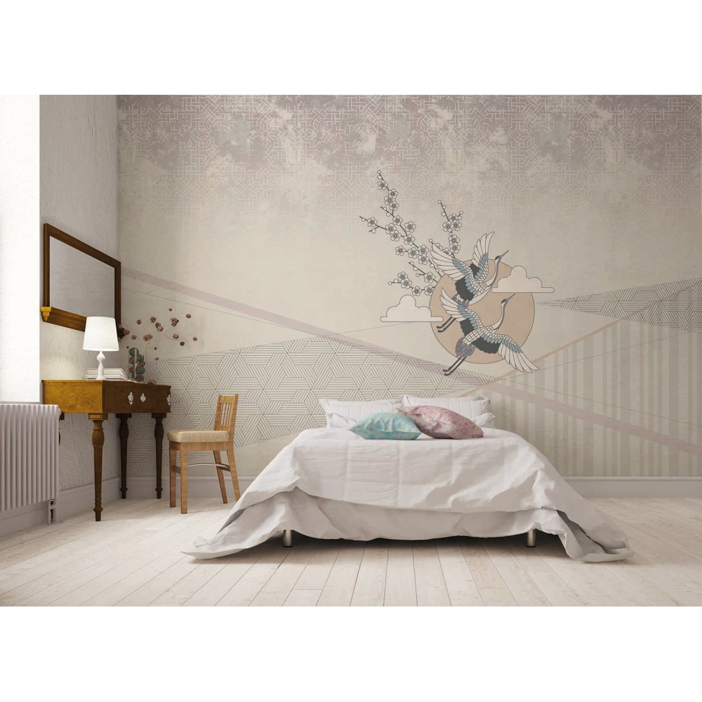 Japon Tarzı Turna Kuşları ve Geometrik Dağ Formlu Sanatsal Duvar Kağıdı