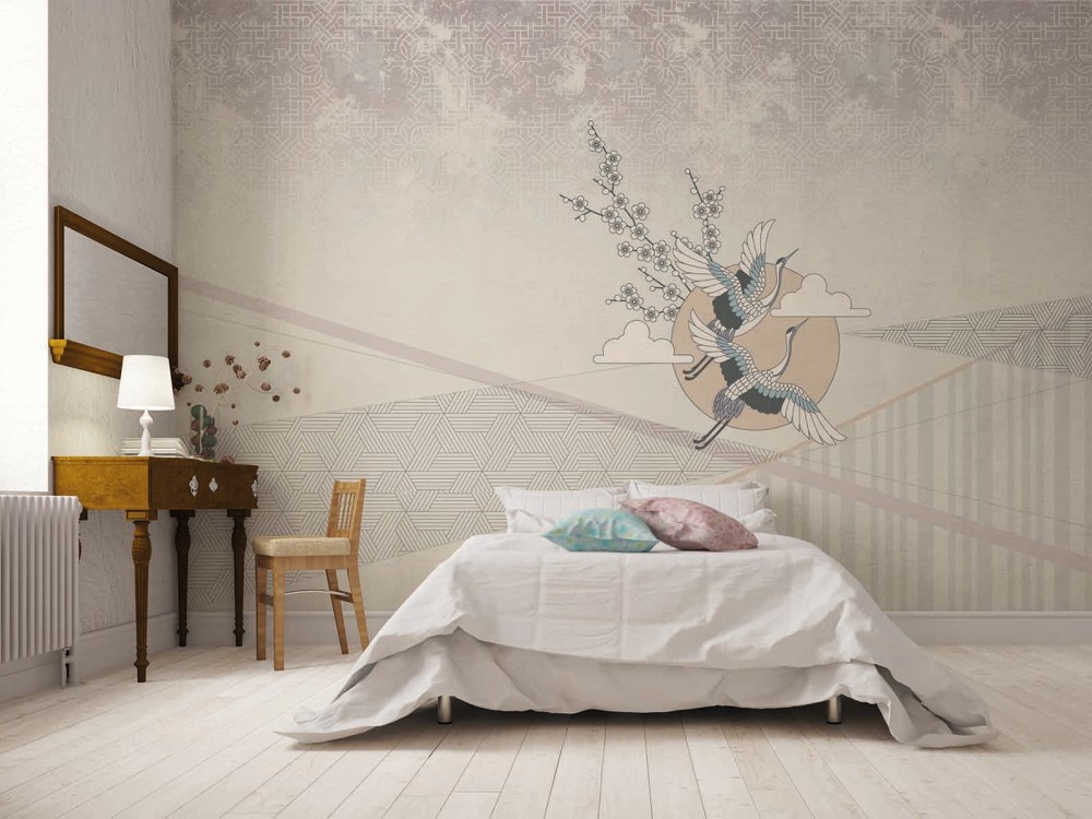 Japon Tarzı Turna Kuşları ve Geometrik Dağ Formlu Sanatsal Duvar Kağıdı